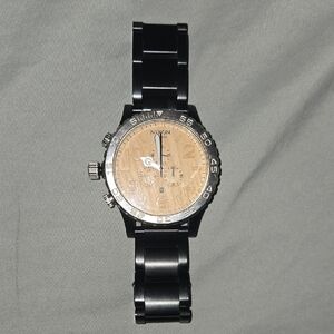 Nixon Black Metal Watch with Wood-Tone Dial